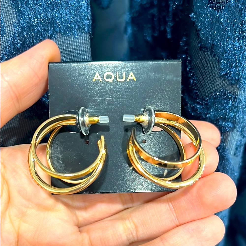 AQUA LEXI 18K GOLD PLATED SILVER TRIPLE TUBE HUGGIE HOOP EARRINGS - Picture 2 of 4